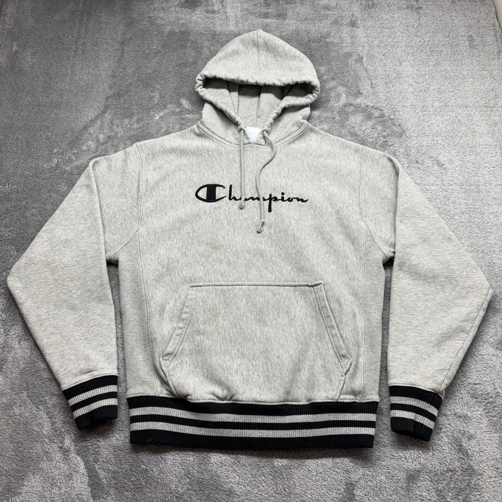 Champion Hoodie Men Medium Gray Good Reverse Weave Script Logo Striped Trim